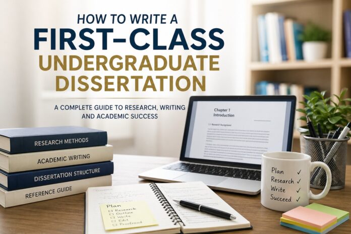 Study desk with dissertation guide and tools